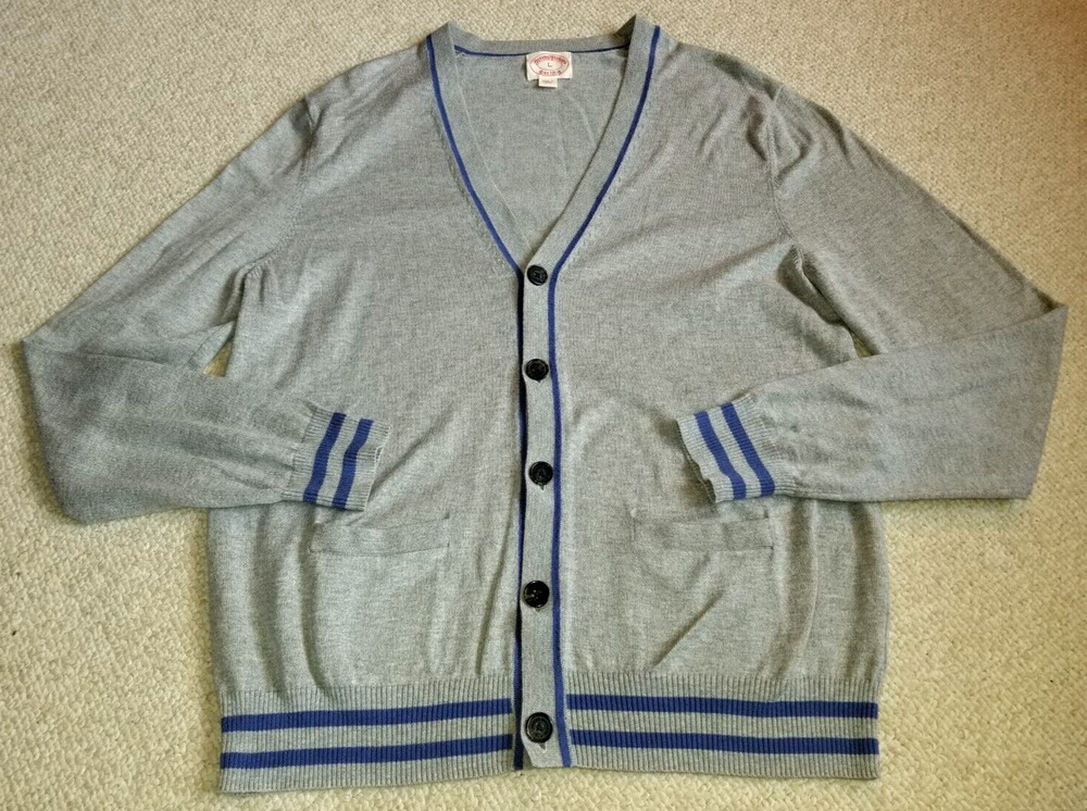 Mens Sweater-BROOKS BROTHERS-gray cotton lightweight cardigan Varsity Grandpa-L